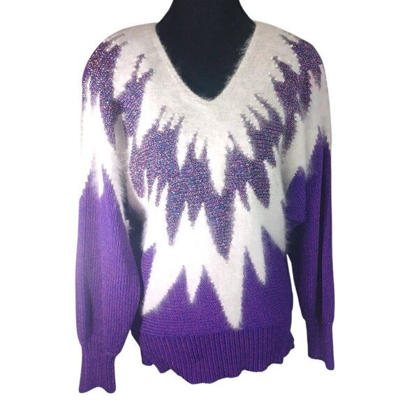 Christine Sweaters - Vintage 80s Hollywood Luxury Purple Metallic White Angora Pearls Sweater M